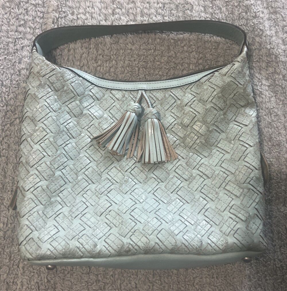 Patricia Nash Maissana Leather Hobo tassel bag Embossed Blue Boho Cottage Core